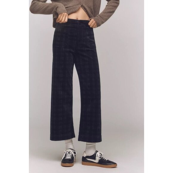 Anthropologie Colette Cropped Wide-Leg Pants Maeve Plaid Corduroy Black Grey 28
